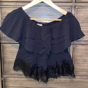 LA Made black ruffle off the shoulder crop top
